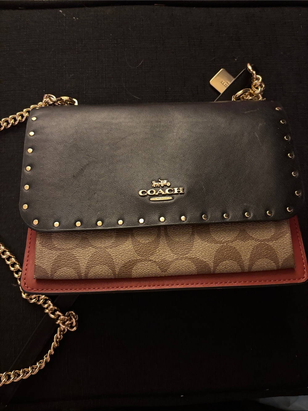 COACH Black Leather & Brown Signature Canvas Crossbody with Gold Chain